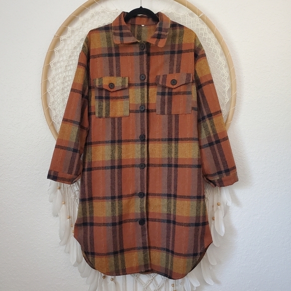 Flannel Shacket Long Plaid Oversized Brown Western Chore Cozy Medium - Picture 8 of 8